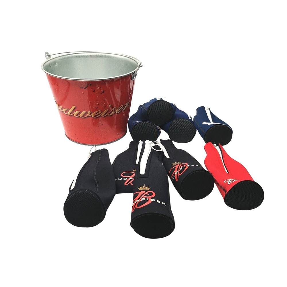Budweiser Metal Ice Bucket and 10 Piece Zippered Bottle Koozie Insulator Set